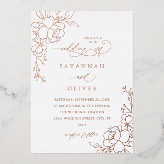 Gold Lined Floral White & Folie Wedding Folie Uitnodiging (Voorkant)