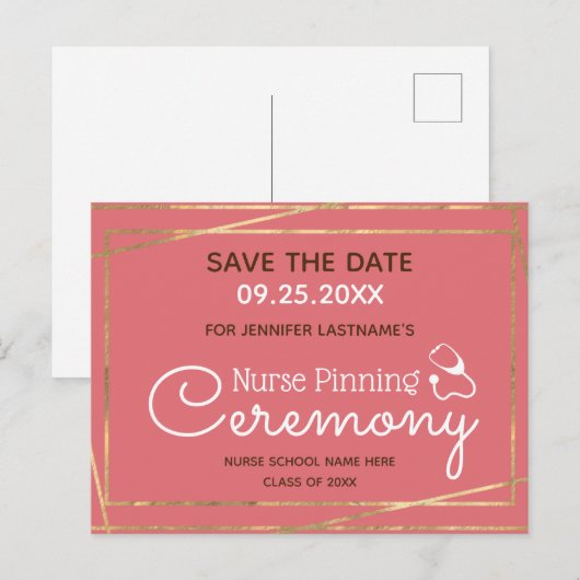 Gold Lines Nurse Pinning Ceremony Save the Date Po Briefkaart (Voorkant / Achterkant)