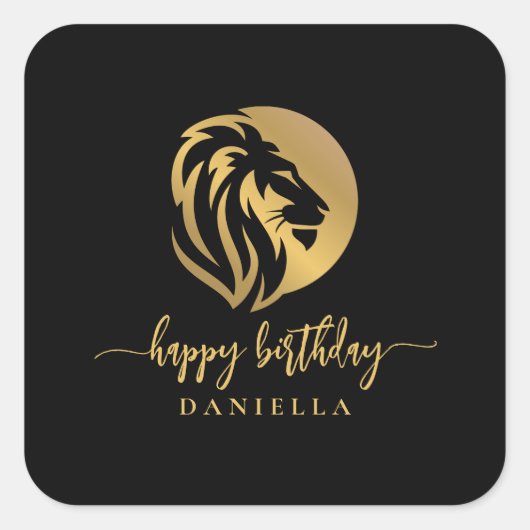 Gold Lion Leo Happy Birthday met naam Napkin Vierkante Sticker (Voorkant)