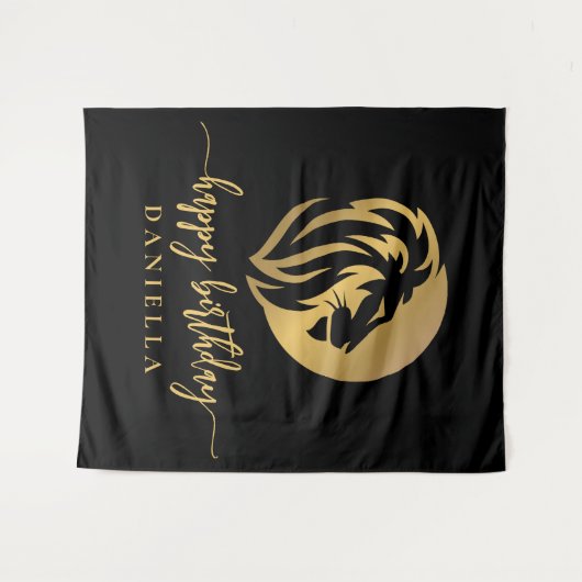Gold Lion Leo Happy Birthday met naam Wandkleed (Voorkant (horizontaal))