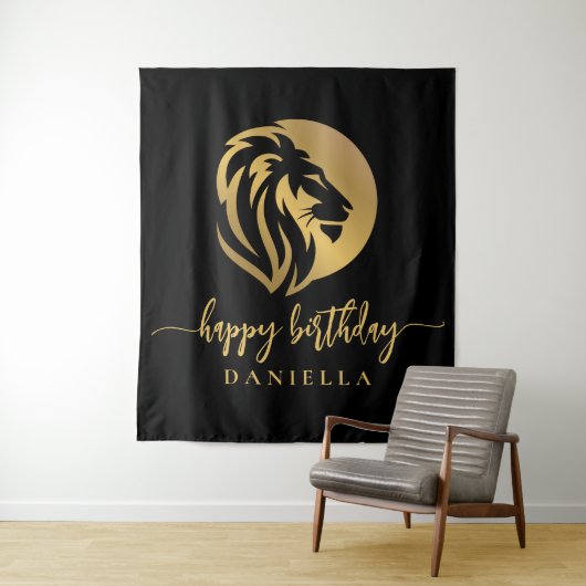 Gold Lion Leo Happy Birthday met naam Wandkleed (In situ)