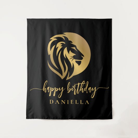 Gold Lion Leo Happy Birthday met naam Wandkleed (Voorkant)