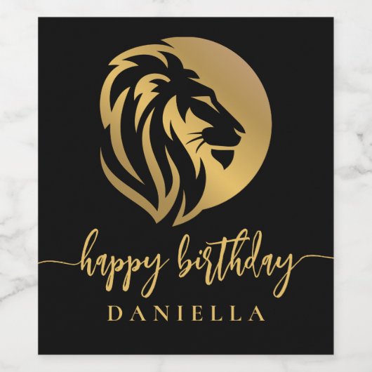Gold Lion Leo Happy Birthday met naam Wijn Etiket (Enkel label)