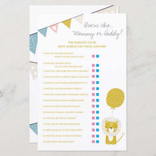 Gold Lion raad wie mama/papa Baby shower speelde (Voorkant / Achterkant)