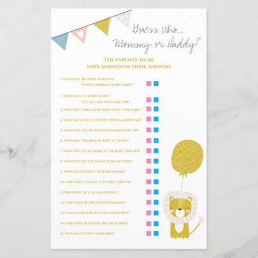 Gold Lion raad wie mama/papa Baby shower speelde (Voorkant)