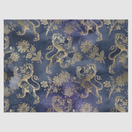 Gold Lions en Flowers op Paarse ontkoppeling Tissuepapier (Voorkant)