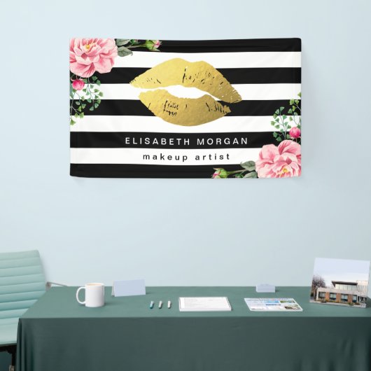 Gold Lips Beauty Salon Floral Black White Stripes Spandoek (Beurs)