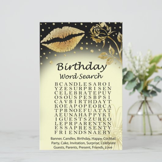 Gold Lips Birthday word search game (Staand voorkant)