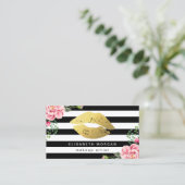 Gold Lips Floral Black White Stripes Makeup Artist Visitekaartje (Staand voorkant)