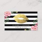 Gold Lips Floral Black White Stripes Makeup Artist Visitekaartje (Voorkant)
