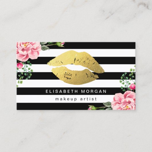 Gold Lips Floral Black White Stripes Makeup Artist Visitekaartje (Voorkant)