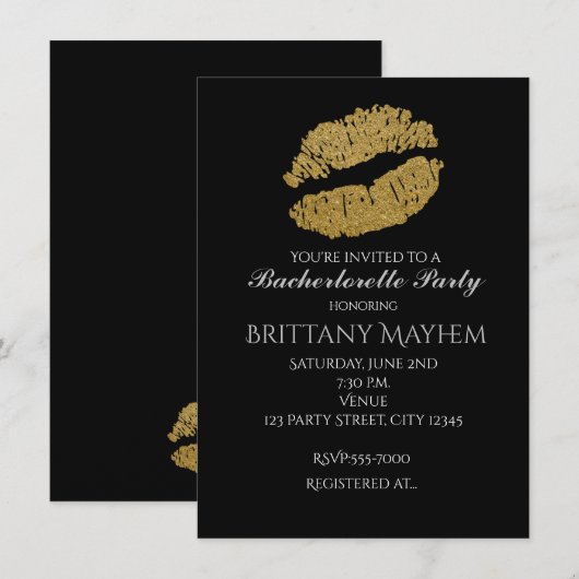 Gold Lips KISS Bachelorette Party Uitnodiging (Voorkant / Achterkant)
