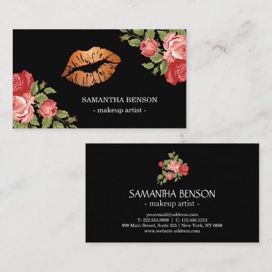 Gold Lips Makeup Artist Floral Visitekaartje (Voorkant / Achterkant)