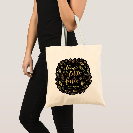 Gold Little but Fierce William Shakespeare Floral Tote Bag (Voorkant (product))
