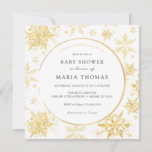 Gold Little Snowflake Baby shower Invitation Kaart (Voorkant)