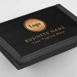 Gold Logo & Custom Text Business Company Branded Drievoud Portemonnee<br><div class="desc">Laat uw zakelijke branding zien met deze aangepaste drievoudige portemonnee met uw gouden logo en gepersonaliseerde tekst. Slank en professioneel, het is perfect voor personeel van het bedrijf, relatiegeschenken of gebruik door werknemers. Voeg uw ronde logo toe voor een gedurfd gouden en zwart ontwerp dat stijl combineert met functie voor...</div>