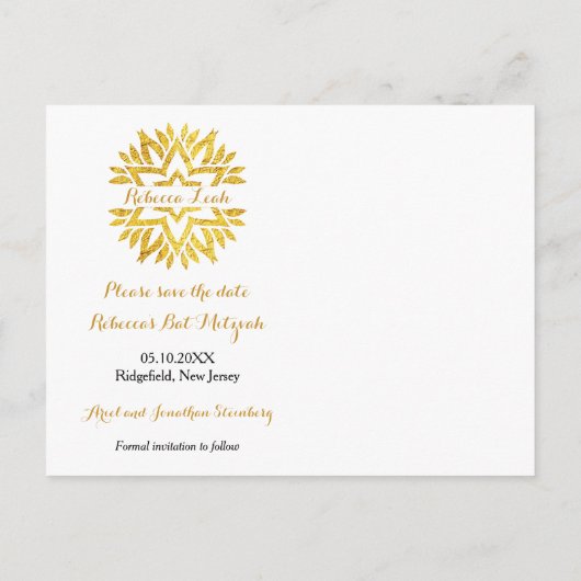 Gold Look Star Mandala Bat Mitzvah Save the Date Aankondigingskaart (Achterkant)