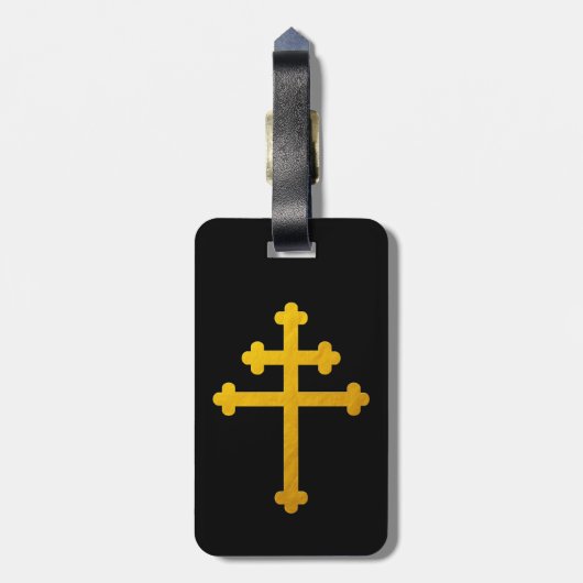Gold Lorraine Cross op zwart/Christelijk reizen Bagagelabel (Achterkant verticaal)