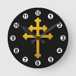 Gold Lorraine Cross op zwart/Christelijk Ronde Klok