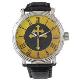 Gold Lorraine Cross op zwart/gouden Christelijk Horloge