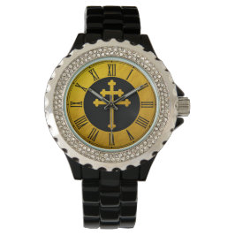 Gold Lorraine Cross op zwart/gouden Christelijk Horloge