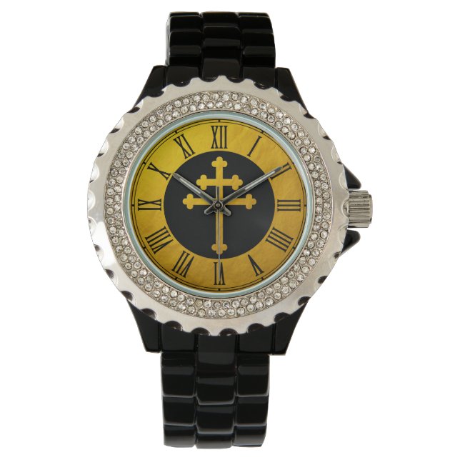 Gold Lorraine Cross op zwart/gouden Christelijk Horloge (Voorkant)