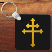 Gold Lorraine Cross op zwarte/Christelijke mode Sleutelhanger (Voorkant)