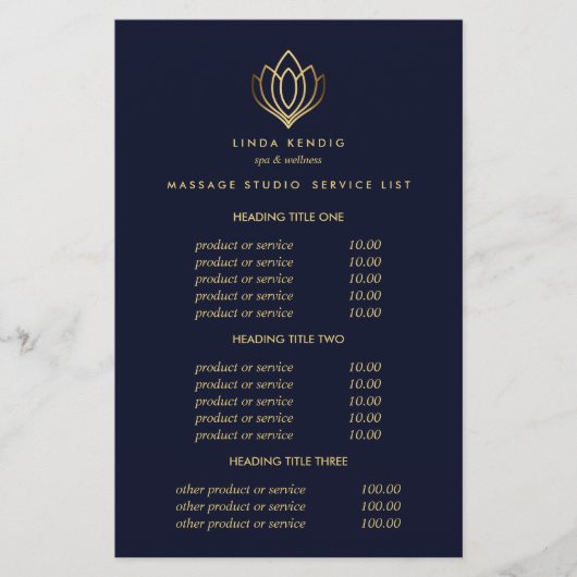 Gold Lotus Blue Spa & Massage Pricing & Services Flyer (Voorkant)