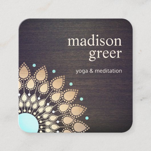 Gold Lotus Floral Mandala Wood Natural Wellness Vierkante Visitekaartje (Voorkant)