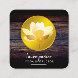 Gold Lotus Flower Yoga Instructor Rustic Wood Vierkante Visitekaartje