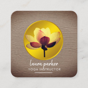 Gold Lotus Flower Yoga Instructor Rustic Wood Vierkante Visitekaartje