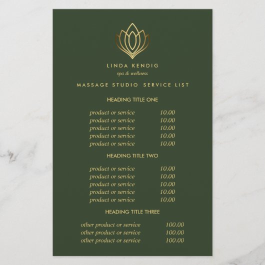 Gold Lotus Green Spa & Massage Pricing & Services Flyer (Voorkant)