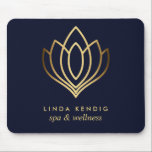 Gold lotus logo Blue | jouw namen voor persoonlijk Muismat<br><div class="desc">Elegant visitekaartje voor massage studios, massagetherapie, sonde- en wellnessprofessionals is voorzien van een afbeelding van gouden folie lotusbloem. Pas de voorzijde met twee lijnen van douanetekst op moderne blauwe achtergrond aan gebruikend de sjabloon. Een ontwerp voor een welzijnssector of een holistisch beroep in verband met de gezondheid</div>
