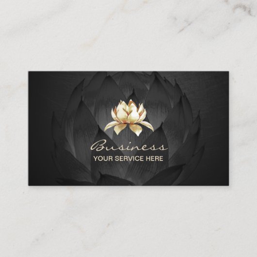 Gold Lotus Logo Elegant Black Floral Visitekaartje (Voorkant)