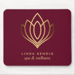 Gold lotus logo Ruby | jouw namen voor persoonlijk Muismat<br><div class="desc">Elegant visitekaartje voor massage studios, massagetherapie, sonde- en wellnessprofessionals is voorzien van een afbeelding van gouden folie lotusbloem. Pas de voorzijde met twee lijnen van douanetekst op moderne ruby rode achtergrond aan gebruikend de sjabloon. Een ontwerp voor een welzijnssector of een holistisch beroep in verband met de gezondheid</div>