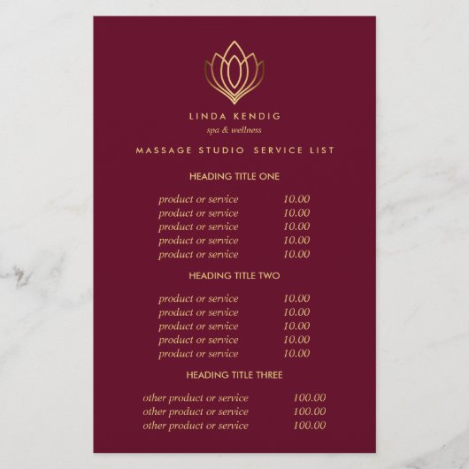 Gold Lotus Ruby Spa & Massage Pricing & Services Flyer (Voorkant)