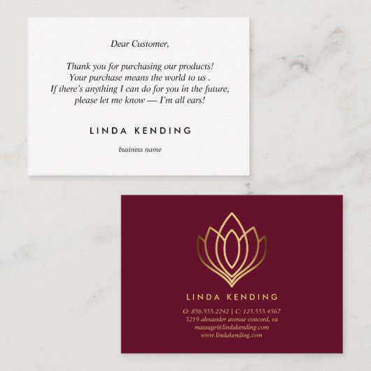 Gold Lotus yoga | Ruby Bedankt voor uw aankoop Informatiekaartje (Voorkant / Achterkant)