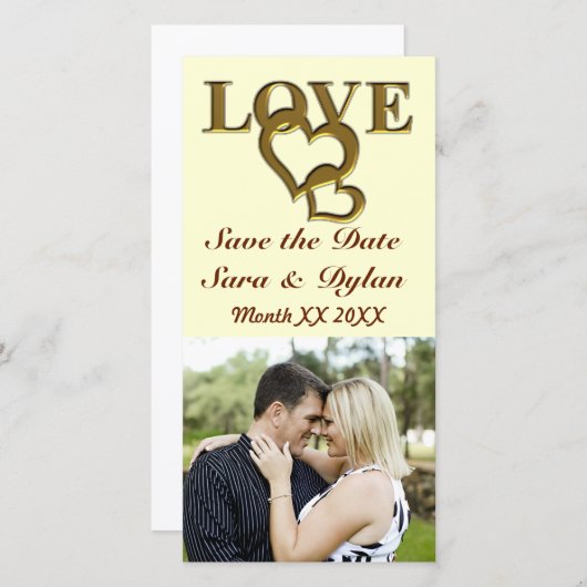Gold Love and Hearts Save the Date Photocard (Voorkant / Achterkant)