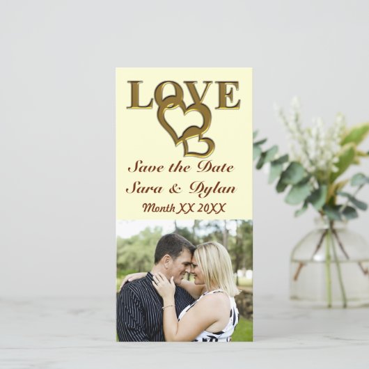 Gold Love and Hearts Save the Date Photocard (Staand voorkant)