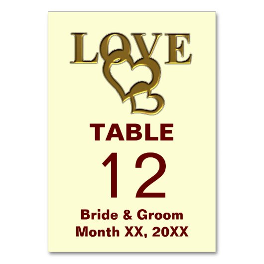 Gold Love and Hearts Wedding Table Kaart (Achterkant)
