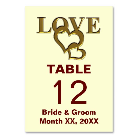 Gold Love and Hearts Wedding Table Kaart (Voorkant)