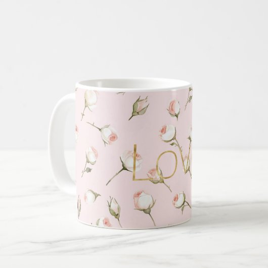 Gold Love Blush Pink Rose Floral Koffiemok (Voorkant links)