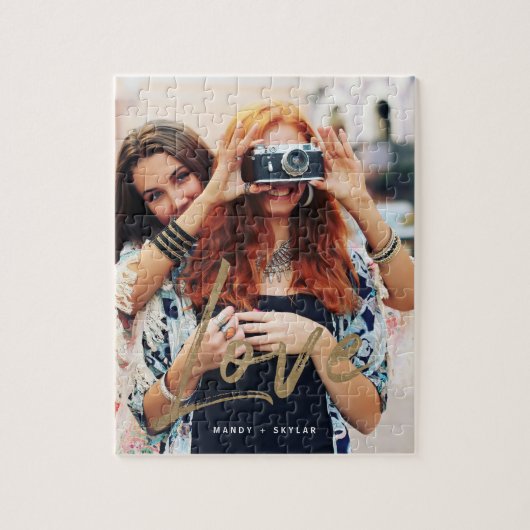 Gold Love Brush Script Overlay Couple Photo Memory Legpuzzel (Verticaal)