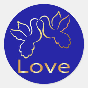 Gold Love Doves Blauw Bruiloft Sticker / Label