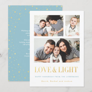Gold LOVE en LIGHT Simple Photo Hanukkah-Kaarten Feestdagenkaart
