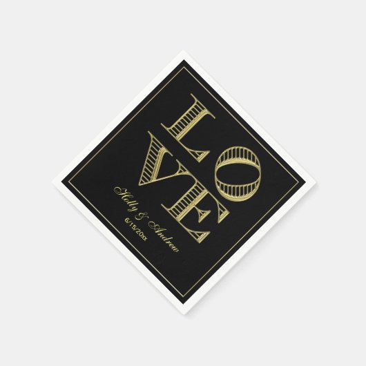 Gold LOVE grafische tekst Napkins DIY Black BG Servetten (Hoek)