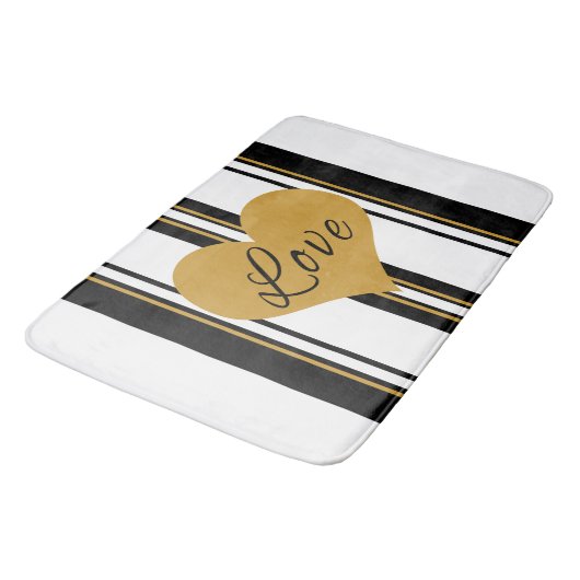 Gold Love Heart Black Gold White Stripes Bath Mat (Gekanteld)