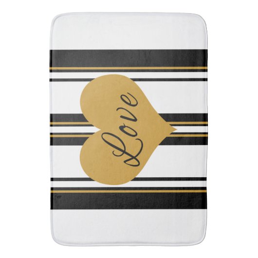 Gold Love Heart Black Gold White Stripes Bath Mat (Voorkant Verticaal)