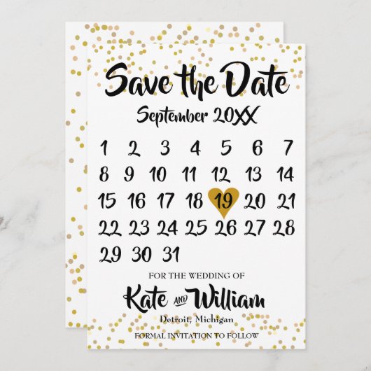 Gold Love Heart Calendar Save the Date (Voorkant / Achterkant)