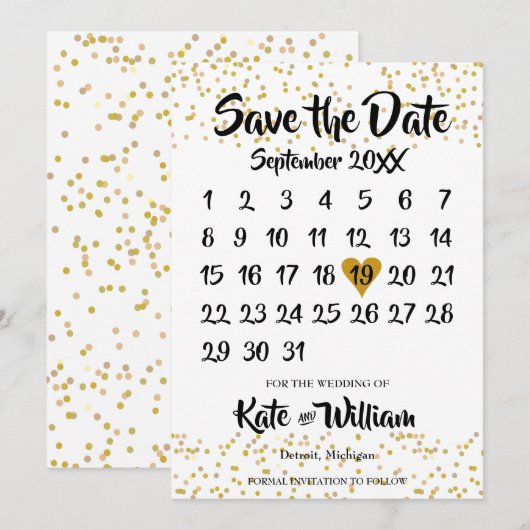 Gold Love Heart Calendar Save The Date (Voorkant / Achterkant)